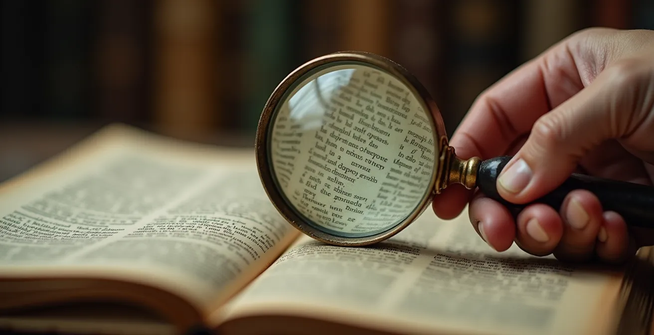 Mani che sfogliano pagine con lente d'ingrandimento che rivela pattern nascosti