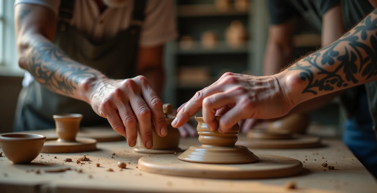 Anziani e giovani artisti lavorano insieme su un progetto di ceramica in un laboratorio comunitario