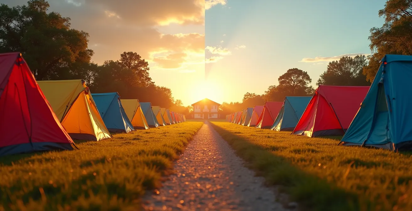 Vista aerea di un'area camping di festival con tende colorate disposte in file ordinate