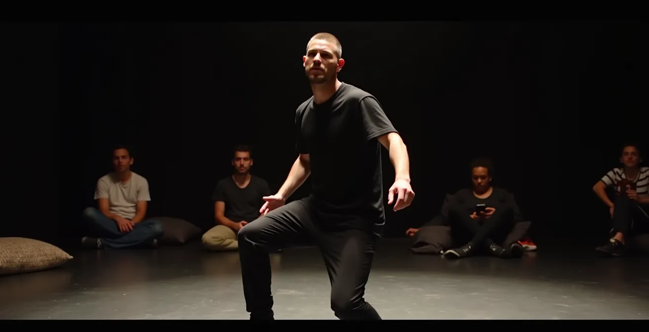 Artista durante prove aperte in teatro con un piccolo pubblico informale seduto in penombra