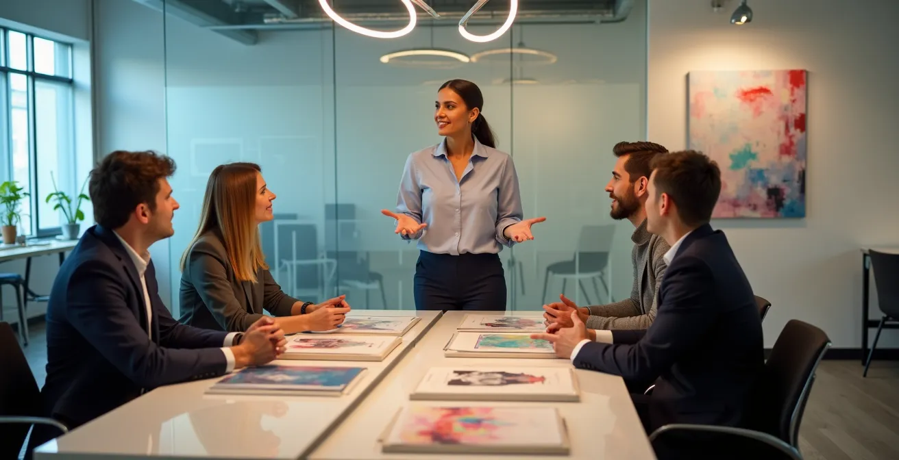 Artista che presenta un progetto artistico personalizzato a imprenditori locali in uno spazio aziendale moderno