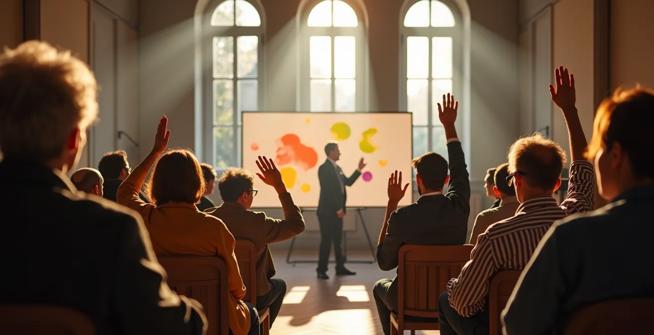 Assemblea condominiale con residenti che alzano le mani per votare un progetto di street art