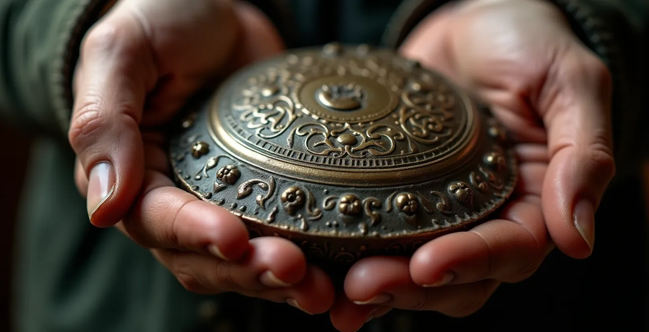 Vista macro di oggetto misterioso nelle mani di un attore all'inizio del monologo