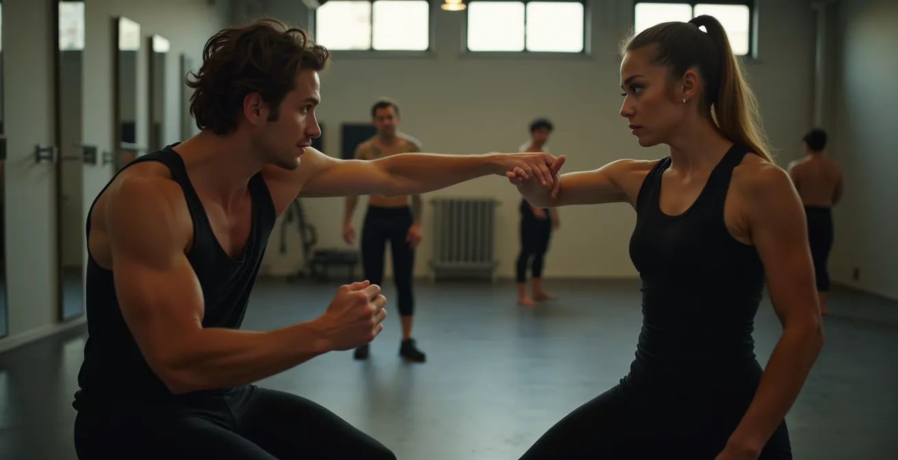 Due attori che praticano la tecnica del knap durante prove di combattimento