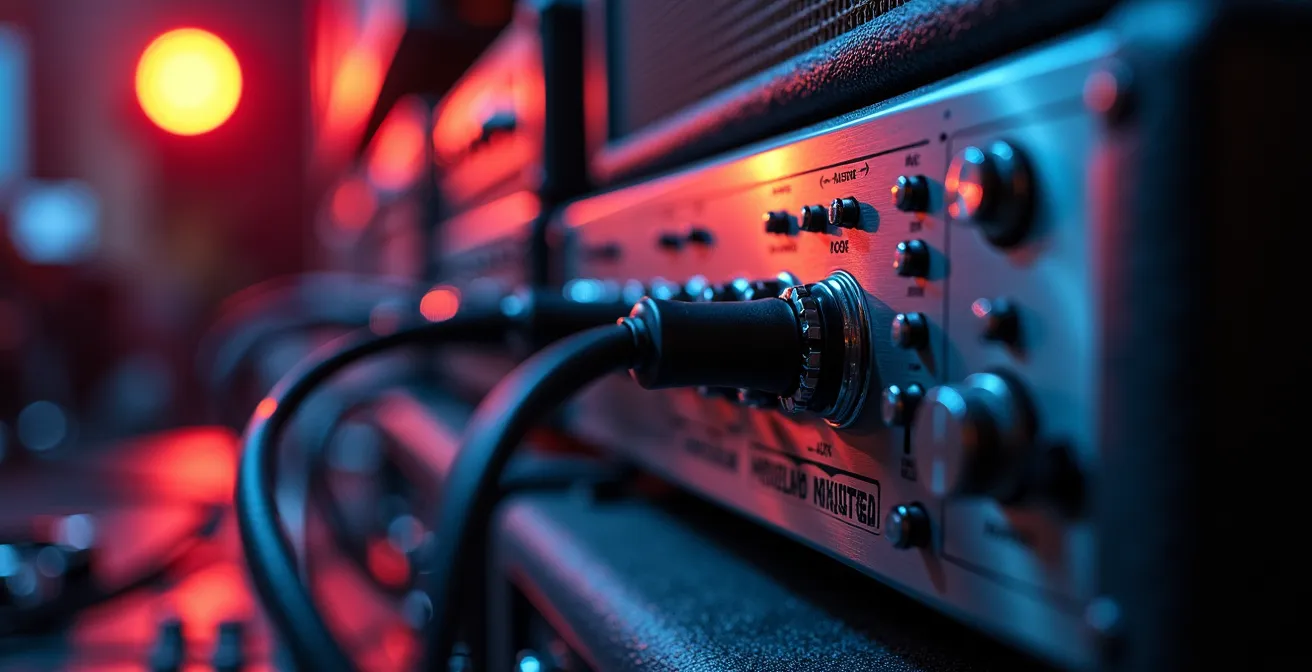 Dettaglio ravvicinato di amplificatori e strumentazione professionale per concerti