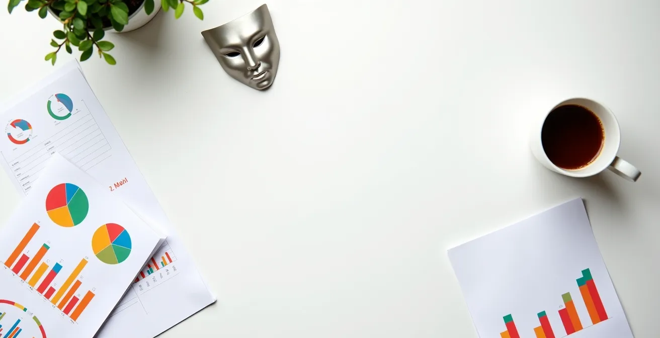 Vista dall'alto di tavolo con grafici colorati e maschere teatrali