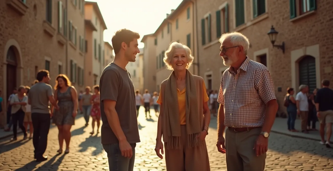 Vista panoramica di un borgo medievale italiano con palco temporaneo nella piazza principale