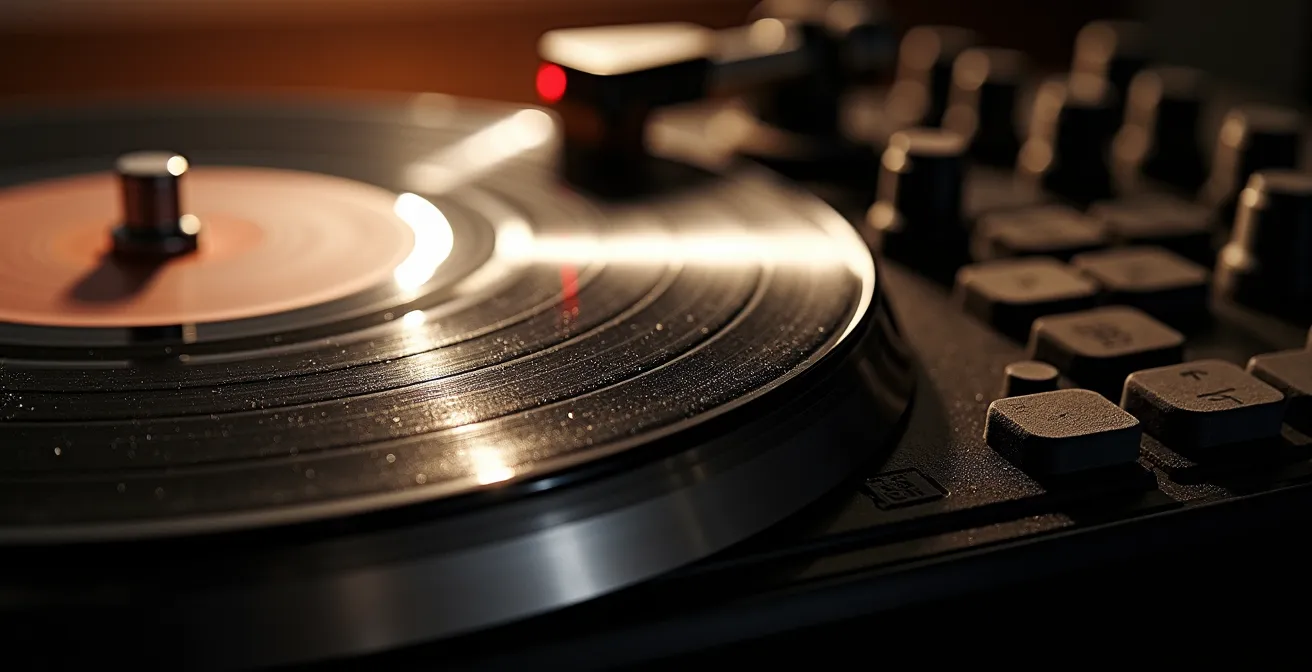 Dettaglio macro di vinili e campionatori vintage in studio di produzione musicale