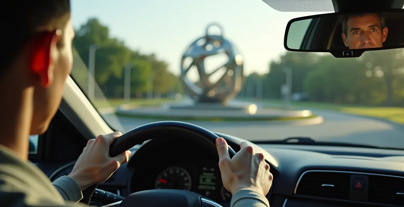 Vista dall'interno di un'auto che si avvicina a una rotonda con scultura riflettente che causa distrazione.