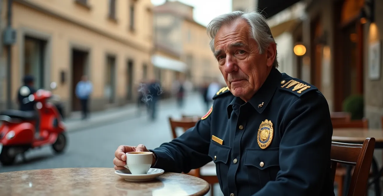 Commissario di polizia seduto al bar di provincia con caffè