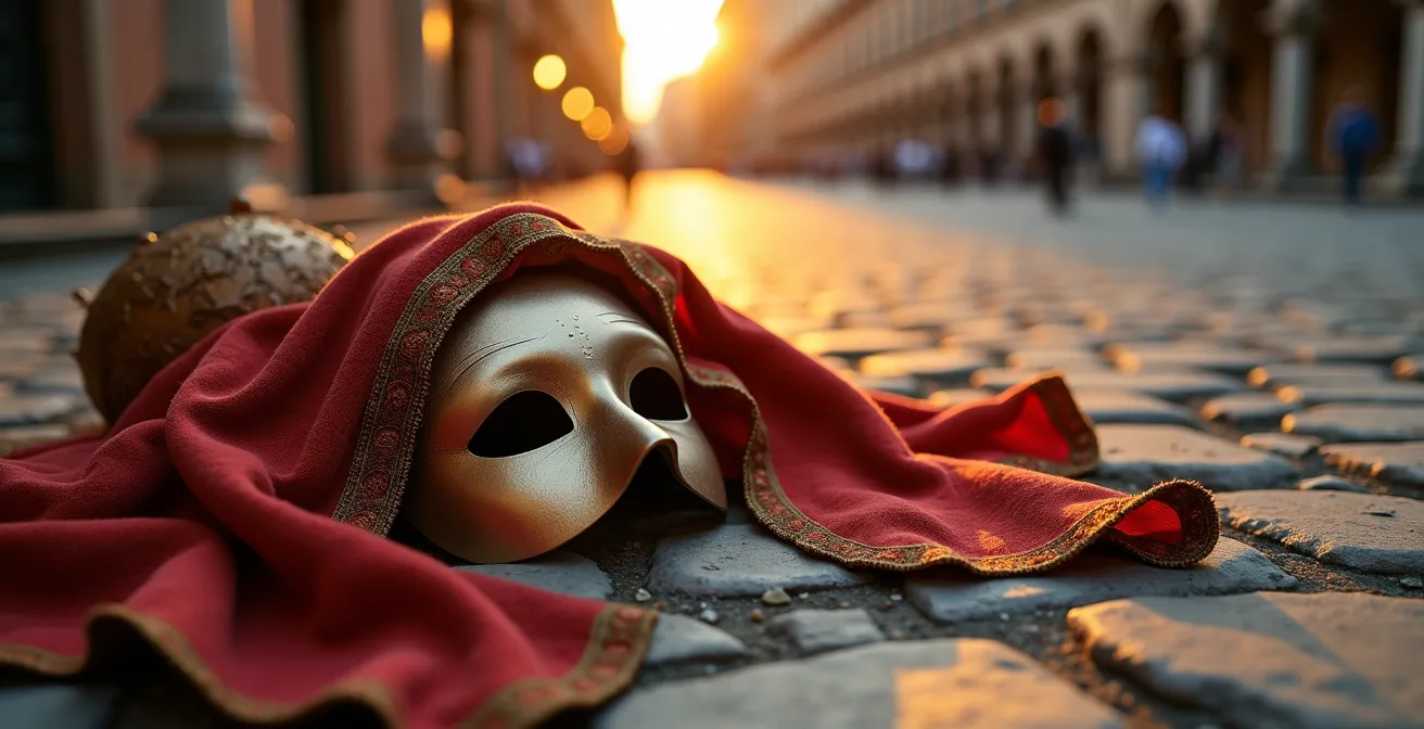 Attori di una compagnia teatrale provano all'aperto in una piazza di borgo antico al tramonto