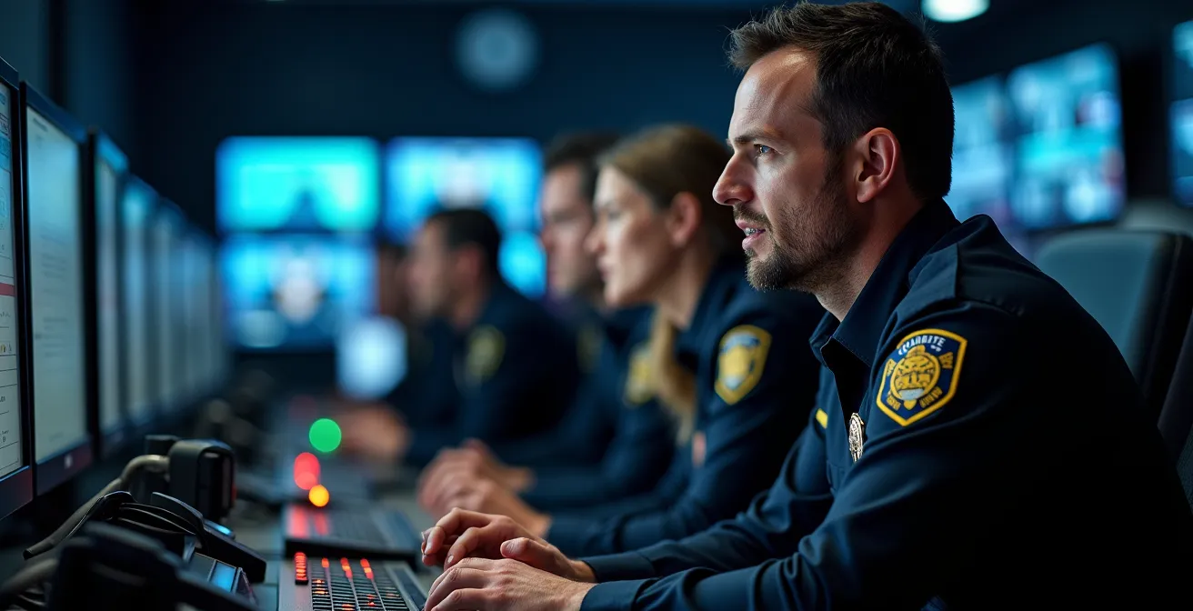 Sala controllo di un concerto con team di gestione emergenze e sistemi di comunicazione