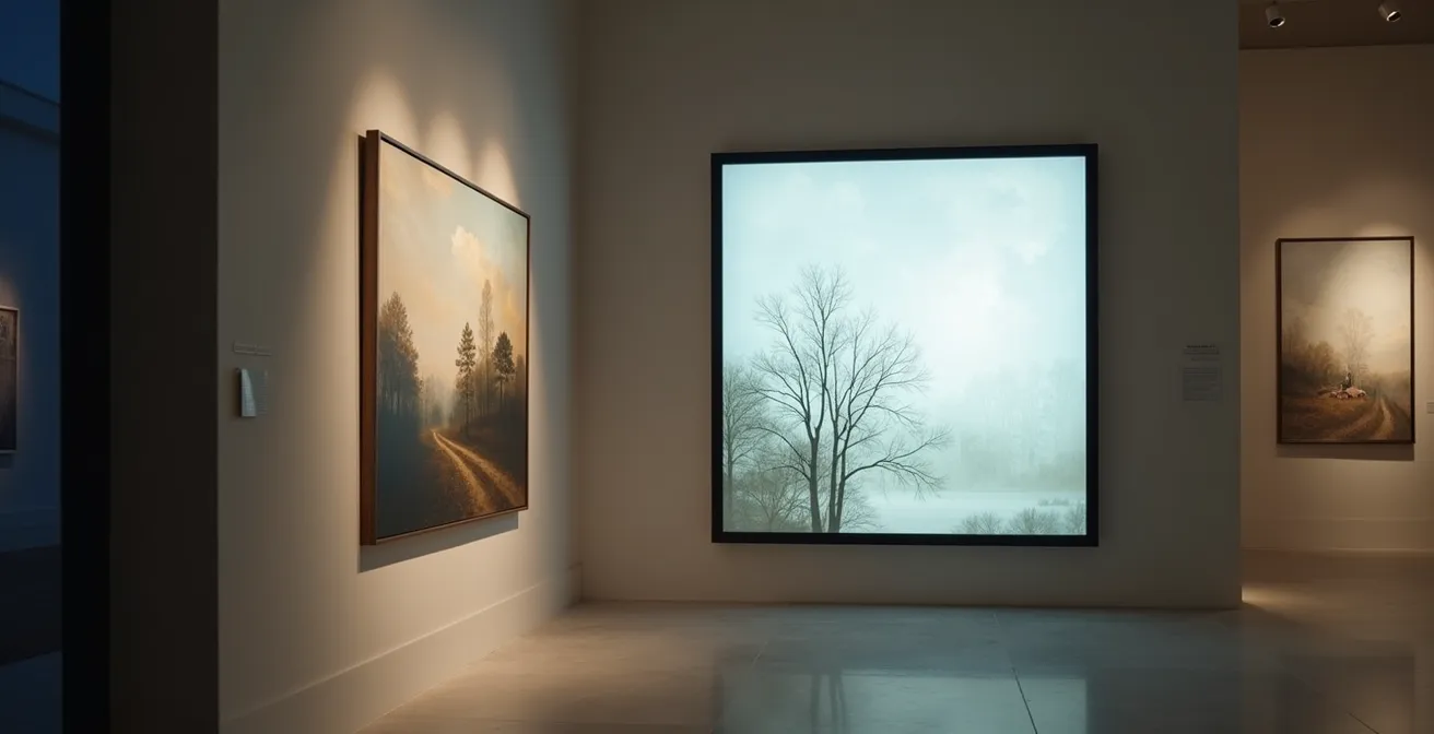 Dipinto classico su tela accanto a display digitale con arte NFT in galleria contemporanea