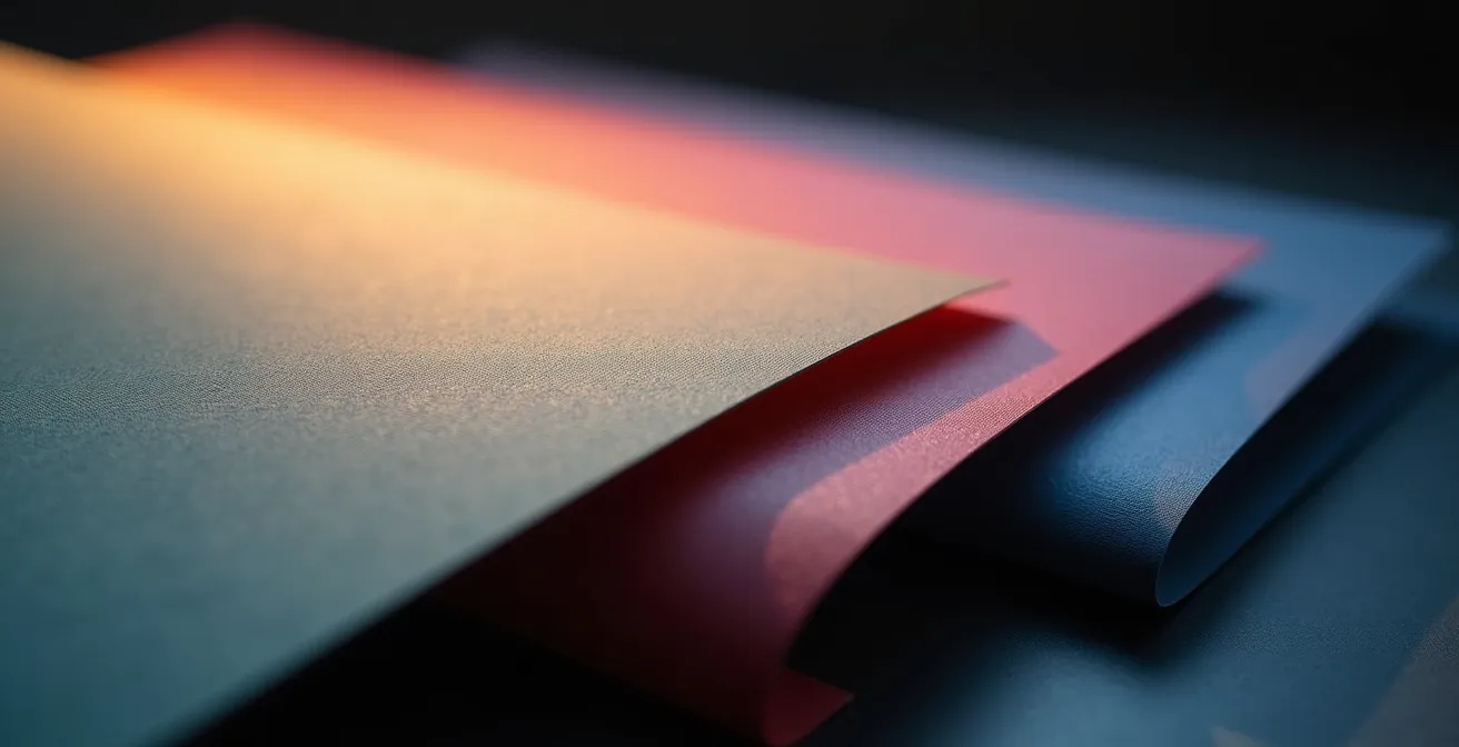 Campioni di carta patinata opaca e satinata sotto diverse angolazioni di luce