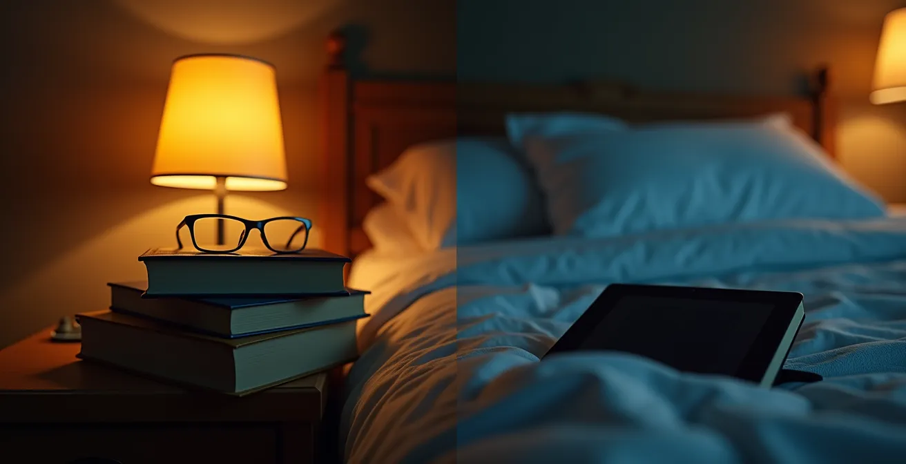 Composizione comparativa tra lettura su carta e dispositivo e-reader in ambiente serale