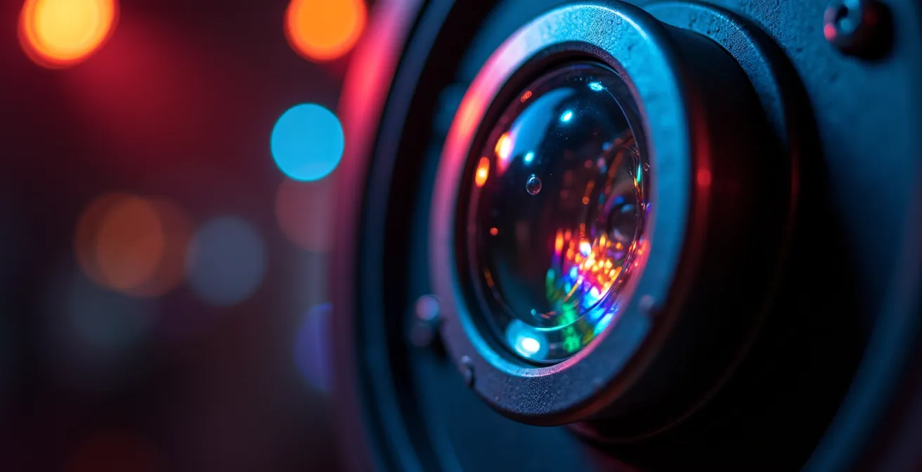 Proiettore vintage illuminato da dietro con fascio di luce colorata su sfondo scuro teatrale