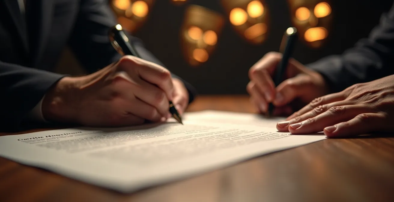 Mani che firmano documenti con elementi teatrali sfocati sullo sfondo