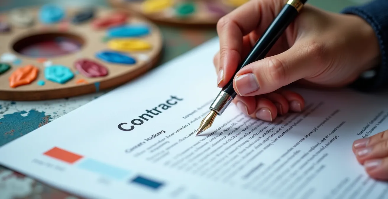 Primo piano di mani che firmano un contratto artistico con pennello e colori sullo sfondo