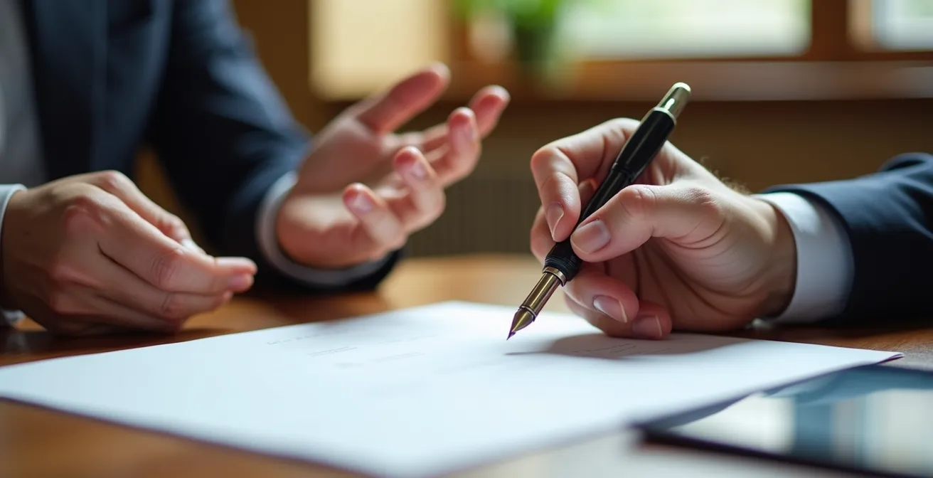 Mani che firmano un contratto professionale con penna stilografica