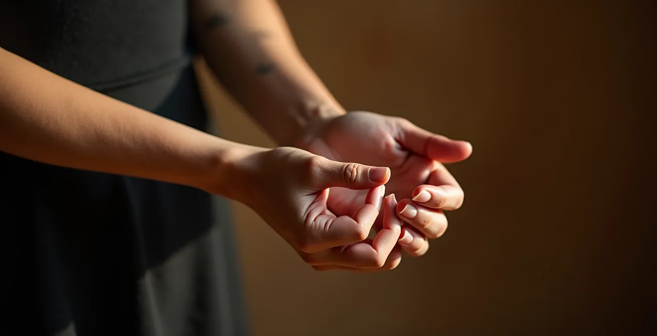 Primo piano di mani di danzatore che si preparano, dettaglio della concentrazione
