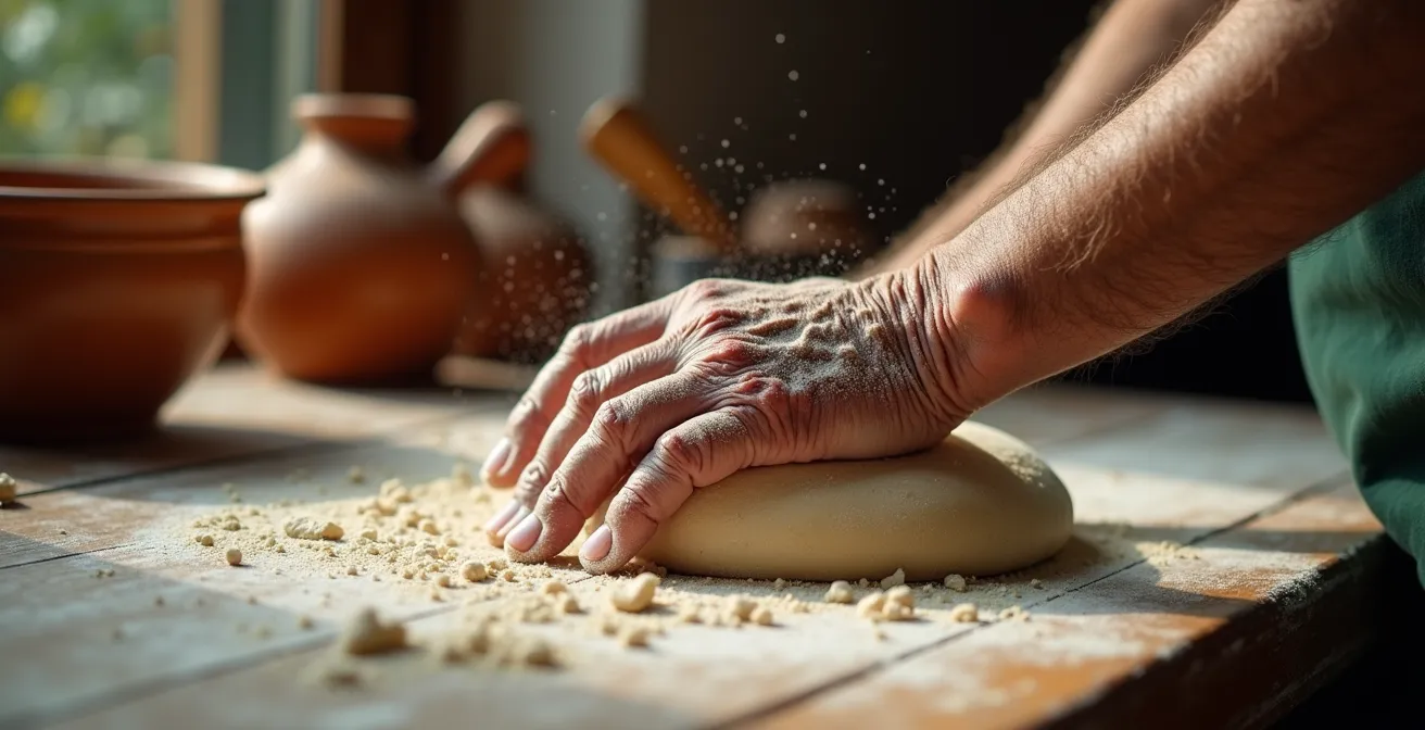 Mani di anziana che impasta il pane tradizionale durante i preparativi di una sagra