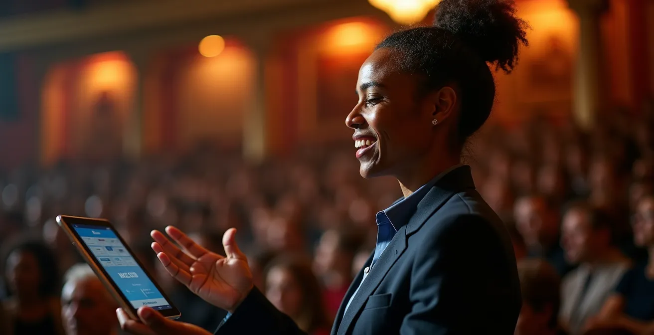 Presentatore digitale che facilita l'interazione tra pubblico online e in sala durante un evento culturale