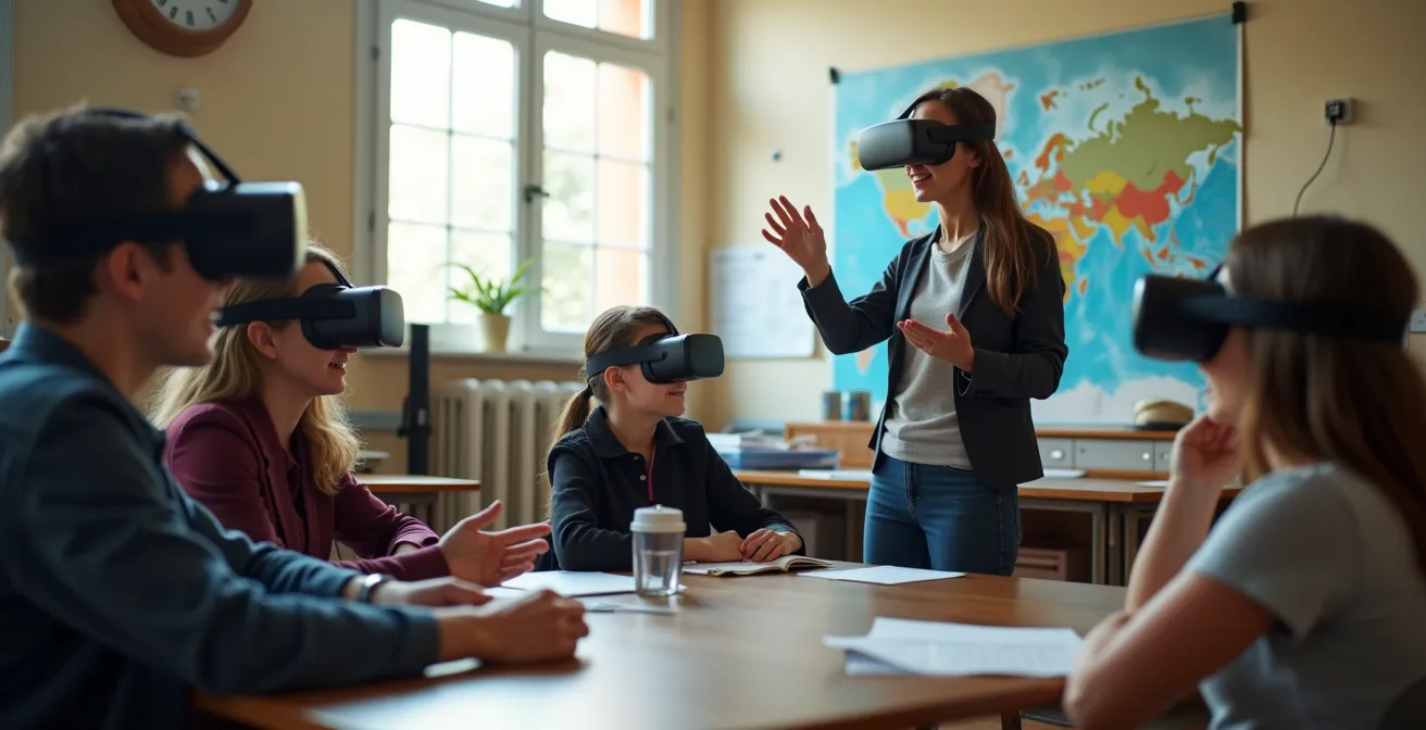 Insegnante che facilita il dibattito dopo un'esperienza di realtà virtuale in classe