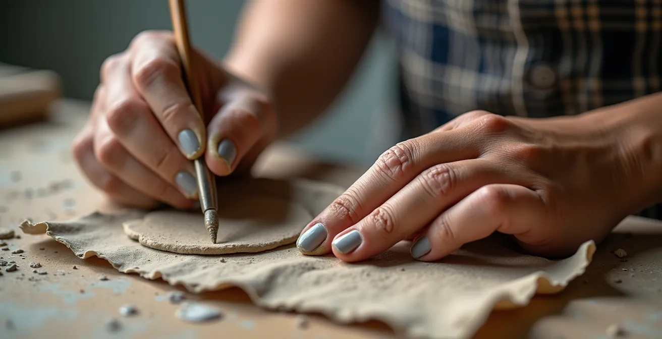 Dettaglio macro sulle mani di un artista che lavora con della creta, evidenziando la texture del materiale
