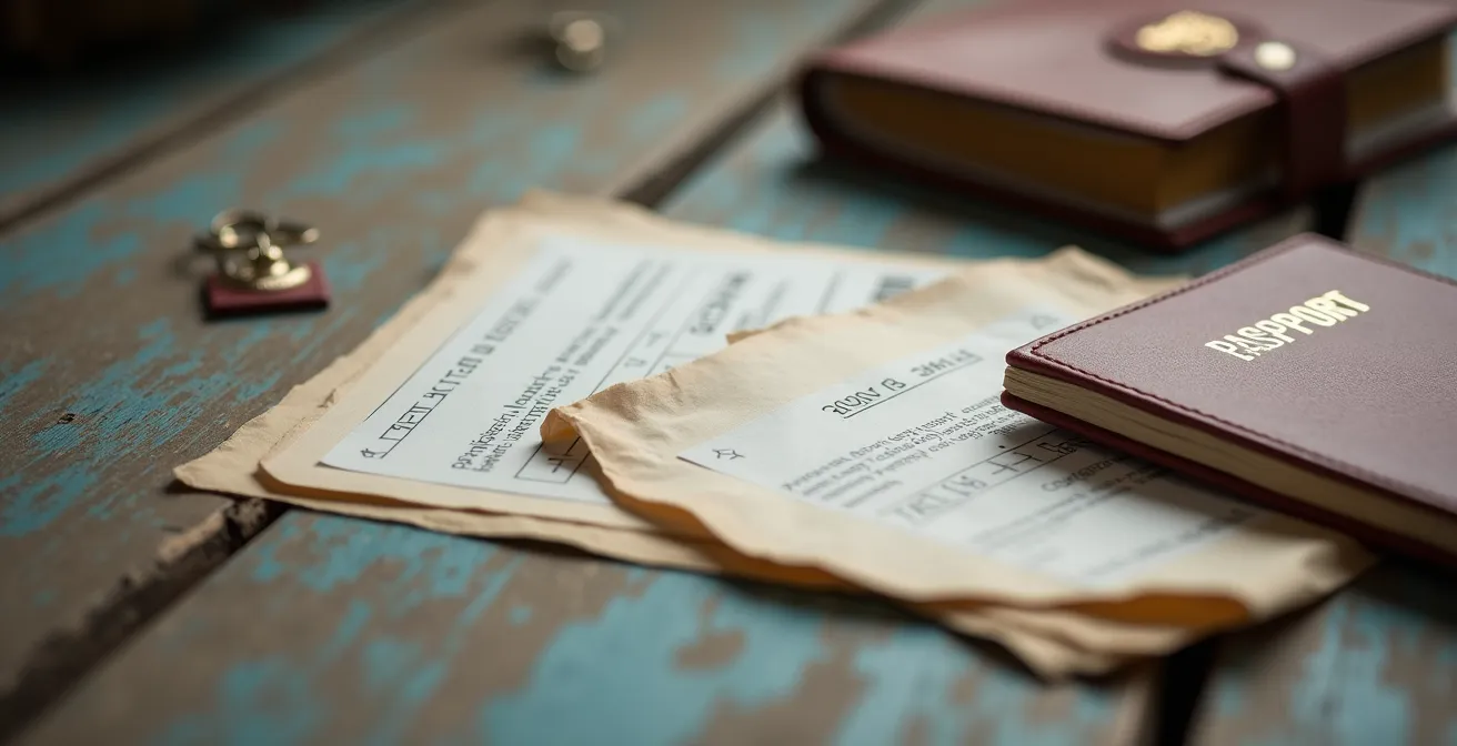 Composizione dall'alto di documenti di viaggio essenziali disposti su tavolo di legno