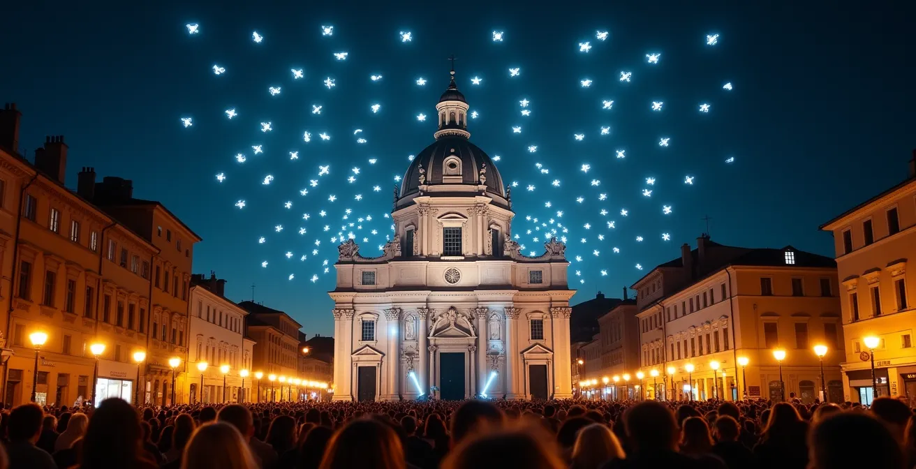 Coreografia di droni luminosi nel cielo notturno sopra una chiesa barocca durante una festa patronale