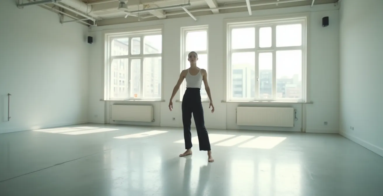 Danzatore che esegue transizione a terra con focus sulla propriocezione