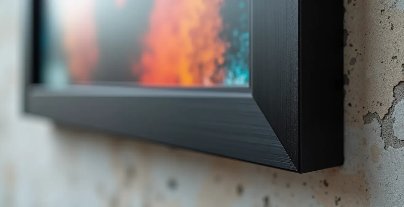 Cornice digitale minimalista montata su parete in ambiente domestico elegante