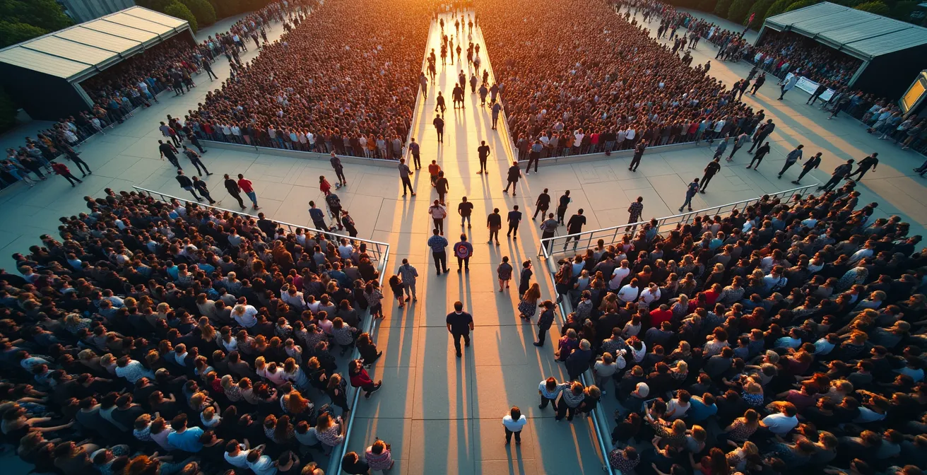 Vista aerea di un'area concerti con barriere e percorsi di sicurezza organizzati