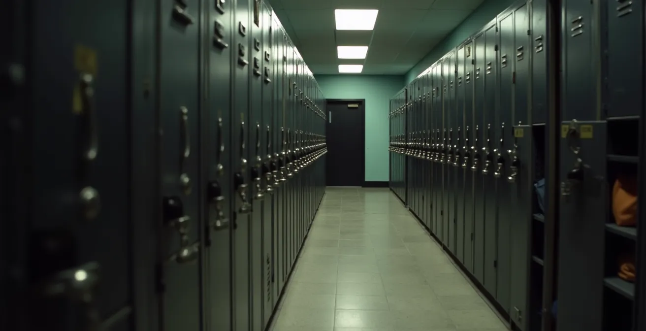 Area guardaroba museo con armadietti numerati e borse depositate