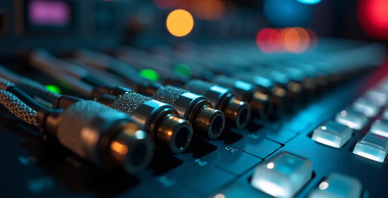 Setup professionale di regia per streaming di eventi culturali con cavi e attrezzature tecniche