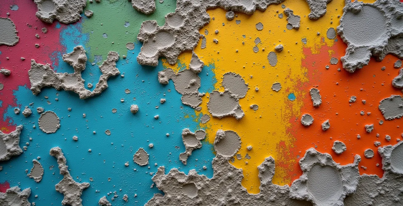 Vista macro di una superficie murale con texture e pattern astratti colorati