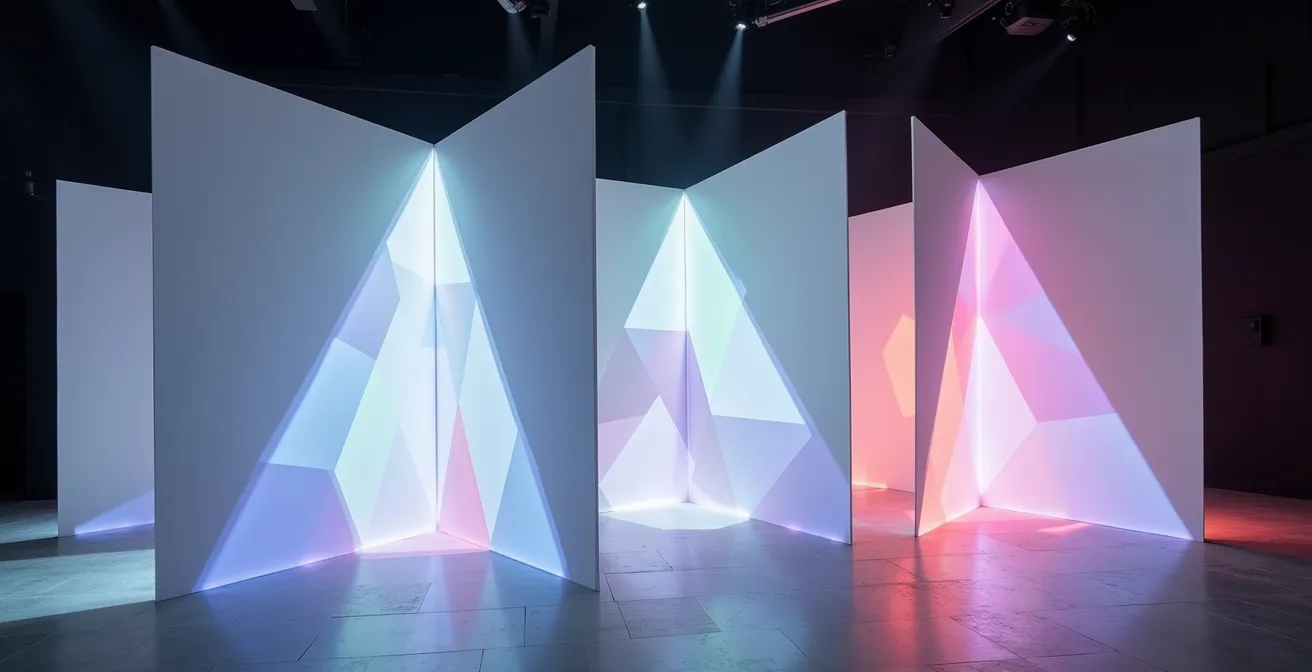 Pattern geometrici colorati proiettati su pannelli bianchi teatrali con giochi di luce