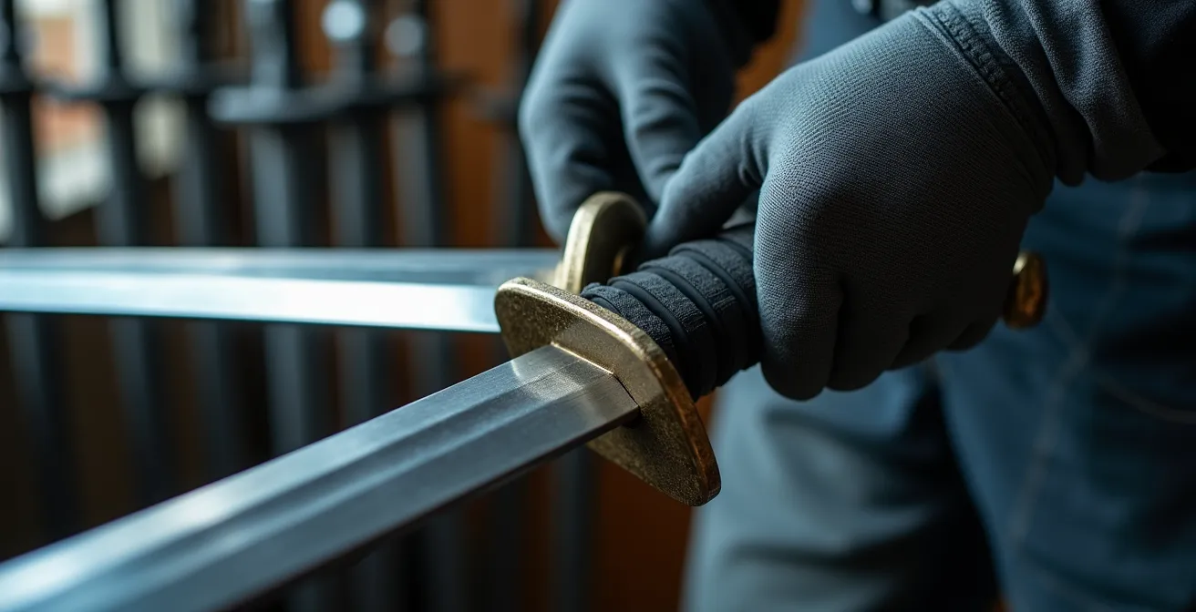 Maestro d'armi che ispeziona spade teatrali in alluminio prima dello spettacolo