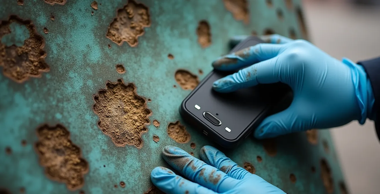 Tecnico specializzato che documenta digitalmente una scultura urbana per la manutenzione predittiva.