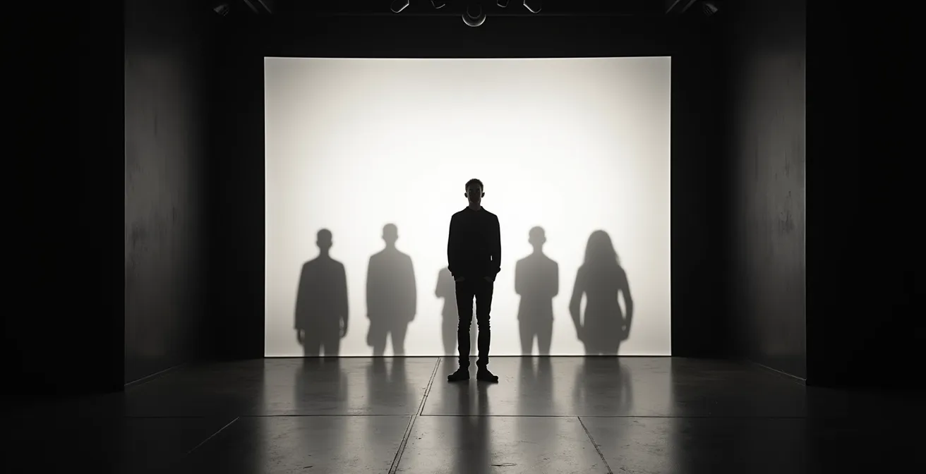 Scena teatrale con gioco di ombre e luci che suggeriscono senza mostrare