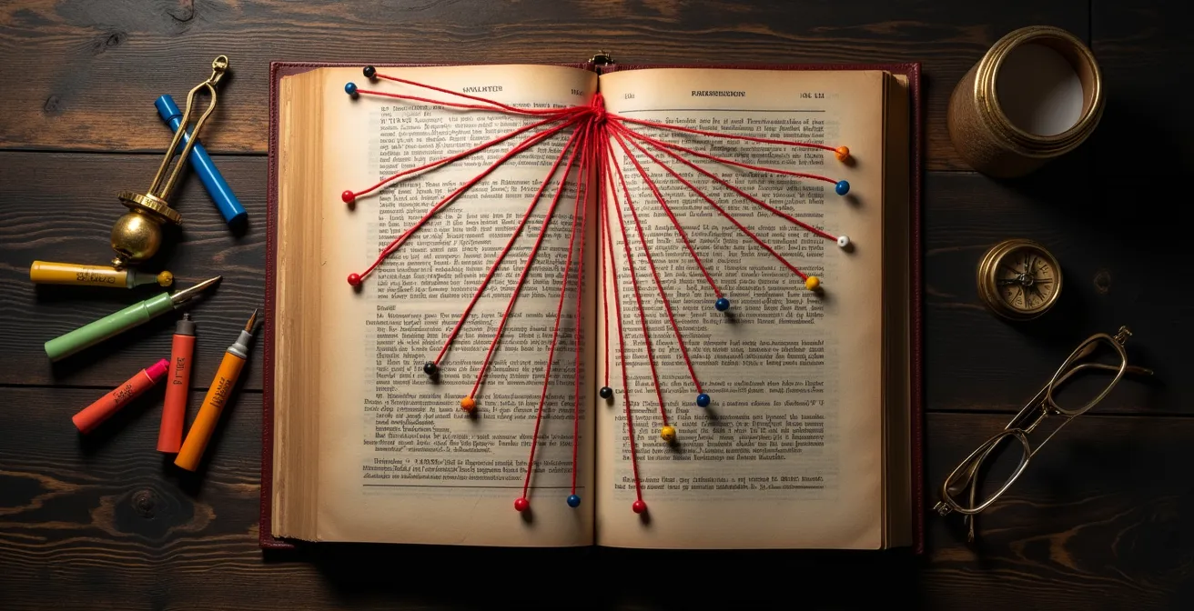 Vista dall'alto di libro aperto con note evidenziate e frecce che collegano riferimenti