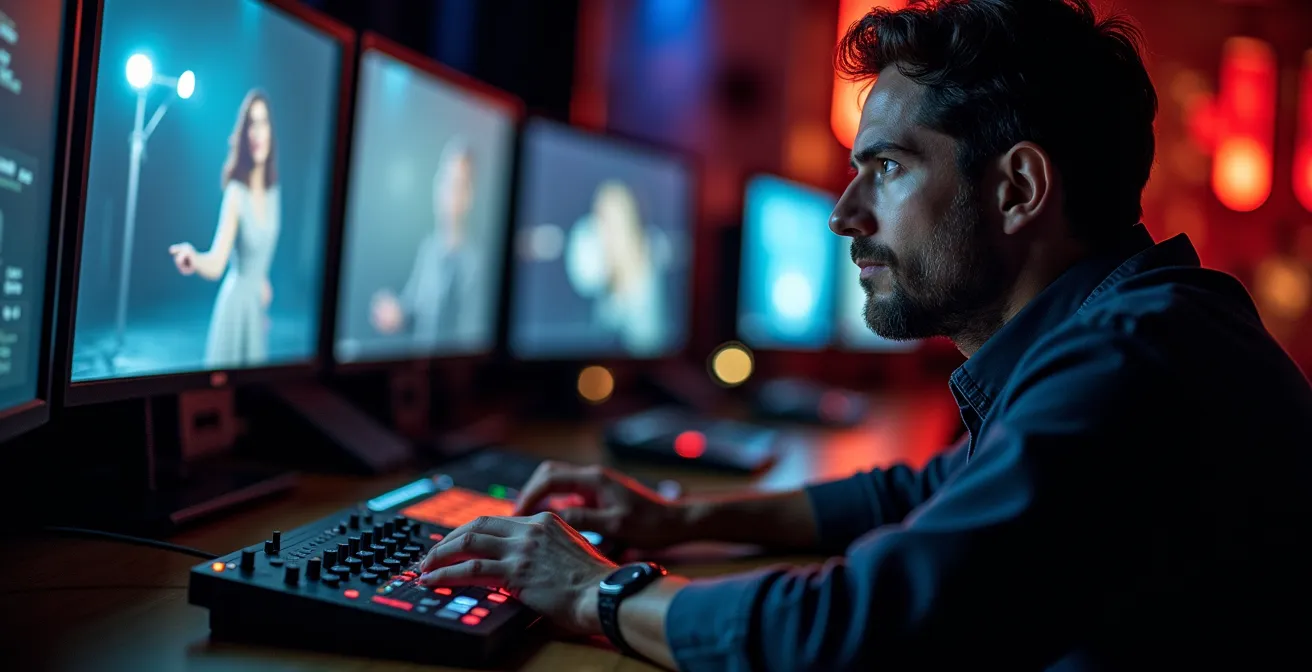 Operatore tecnico che controlla in tempo reale le proiezioni video durante uno spettacolo teatrale