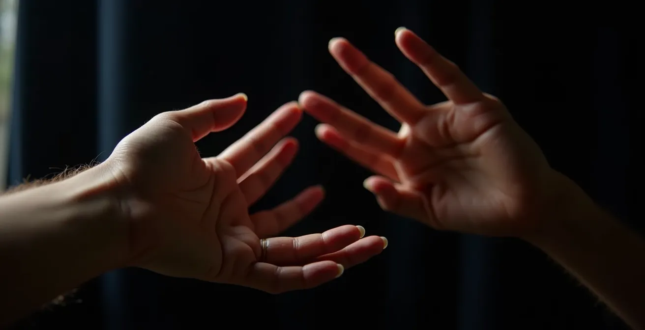 Dettaglio ravvicinato delle mani di un attore che gestualizza mentre recita