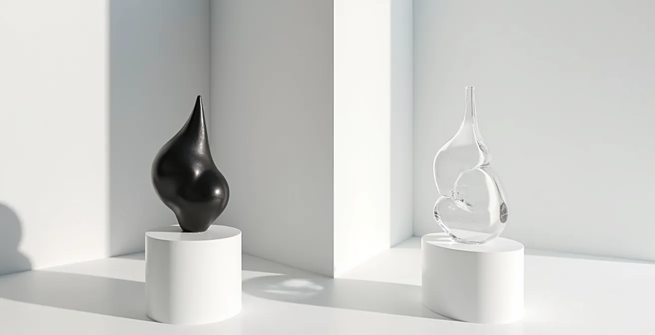 Confronto tra scultura opaca scura e scultura trasparente lucida nello stesso ambiente domestico