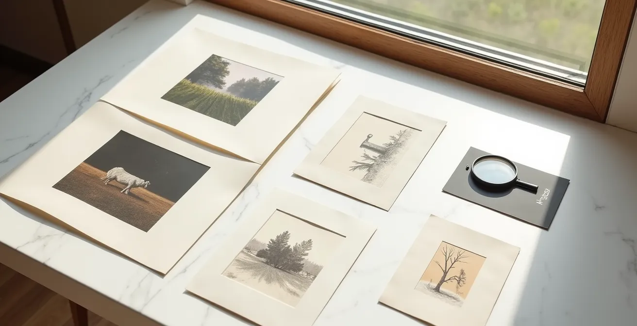 Collezione di opere su carta e stampe d'autore disposte elegantemente su tavolo