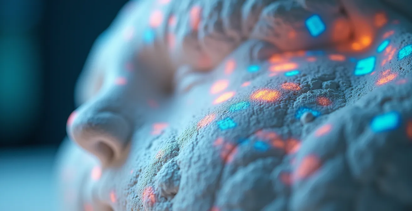 Proiezione di arte digitale su scultura bianca in ambiente domestico con illuminazione dinamica