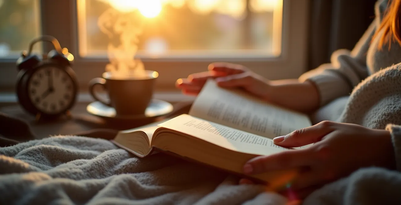 Ambiente mattutino con libro aperto e luce naturale dell'alba