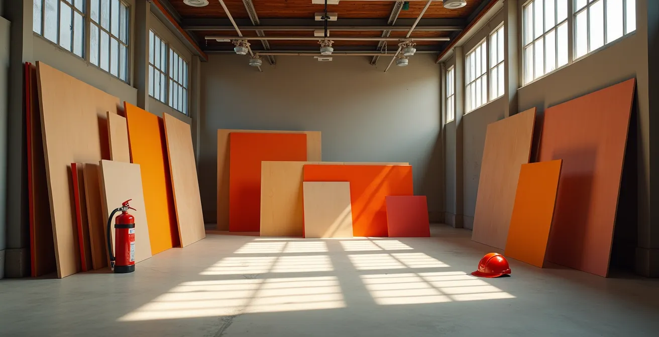 Scenografia teatrale con elementi di sicurezza e materiali ignifughi