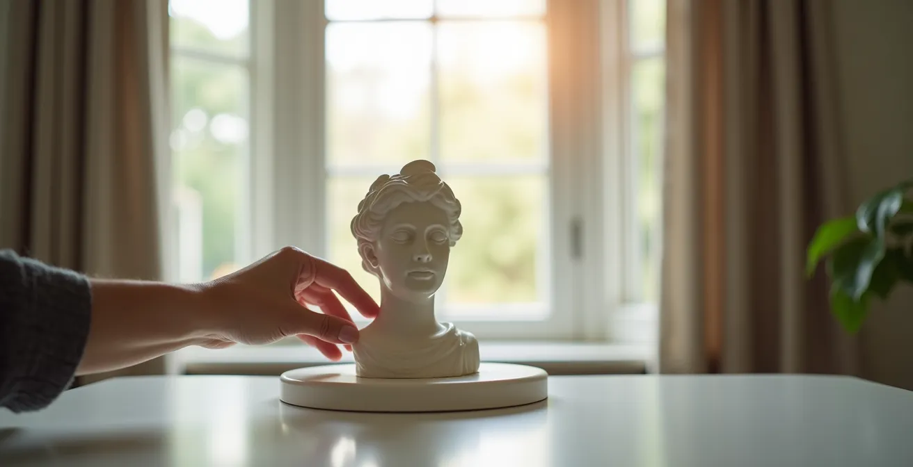 Scultura in ceramica posizionata su piedistallo lontano dalla finestra con luce filtrata