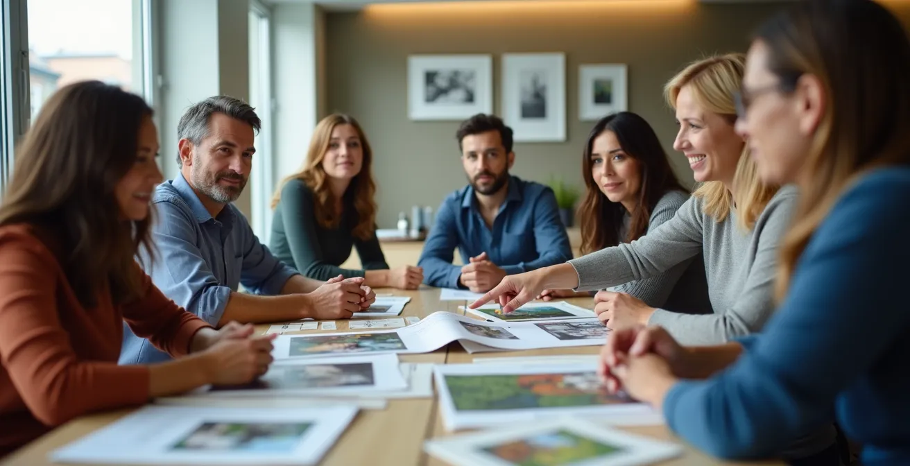 Riunione condominiale con portfolio di artisti esposti sul tavolo e residenti che discutono